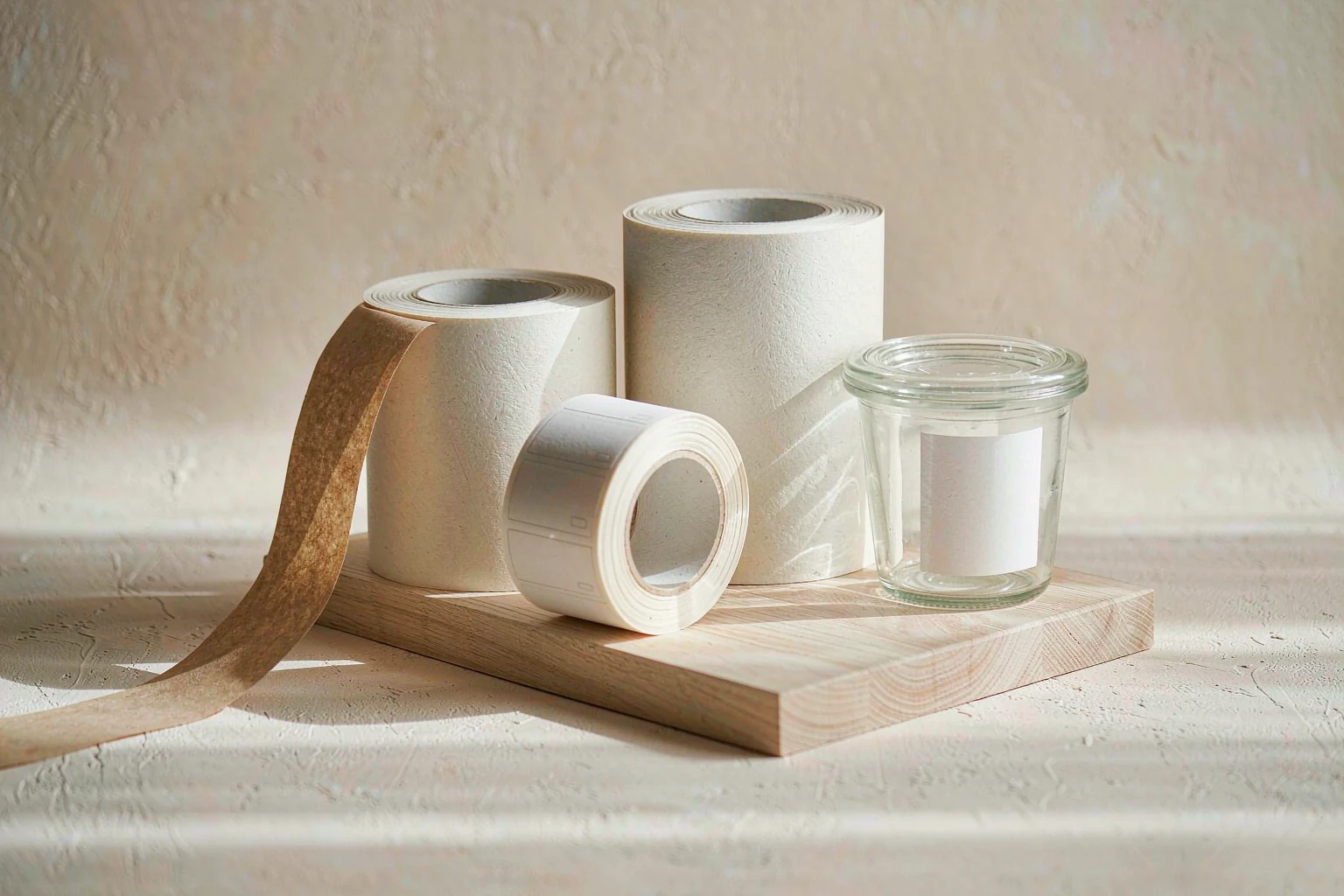 Rolls of matte white wash-off paper labels with kraft glassine liner on a pale oak board beside a glass food container