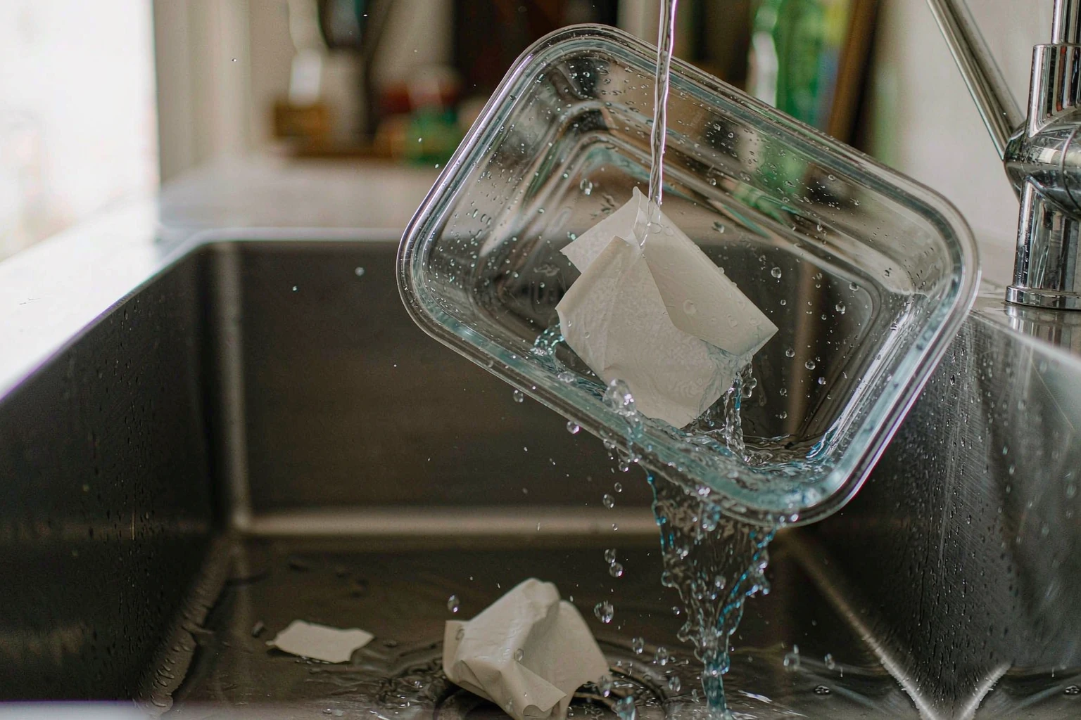 A wash-off paper label curling away from a glass food container under running water, leaving a clean surface with no adhesive residue