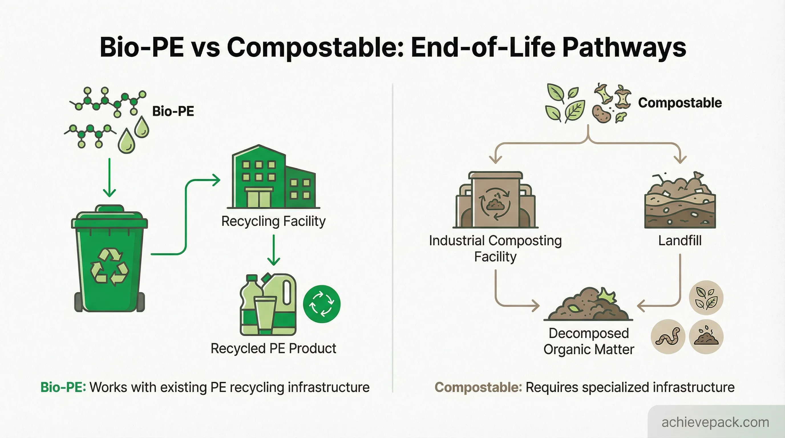 Bio-PE vs Compostable end-of-life infrastructure comparison