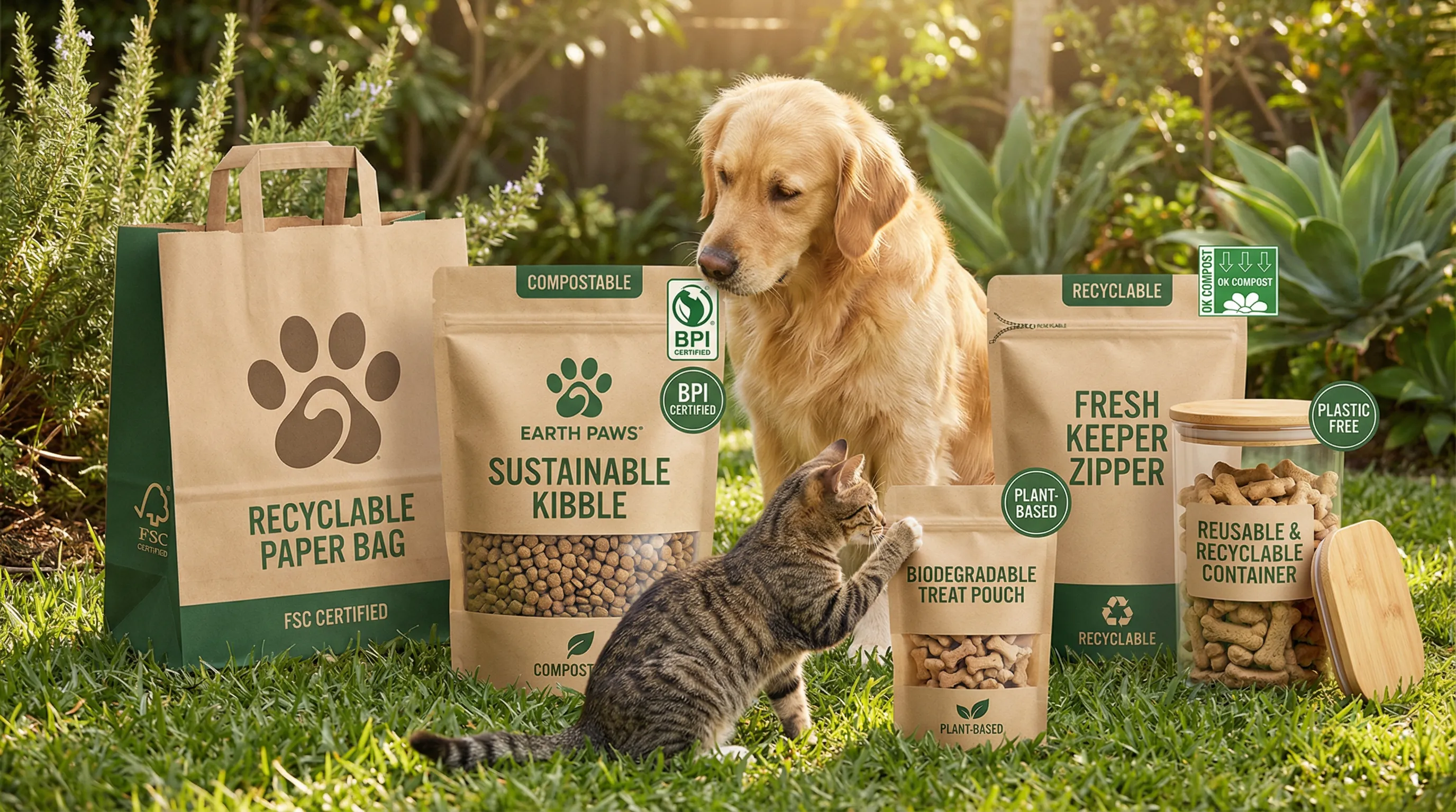 Compostable organic pet food treat bag standing upright