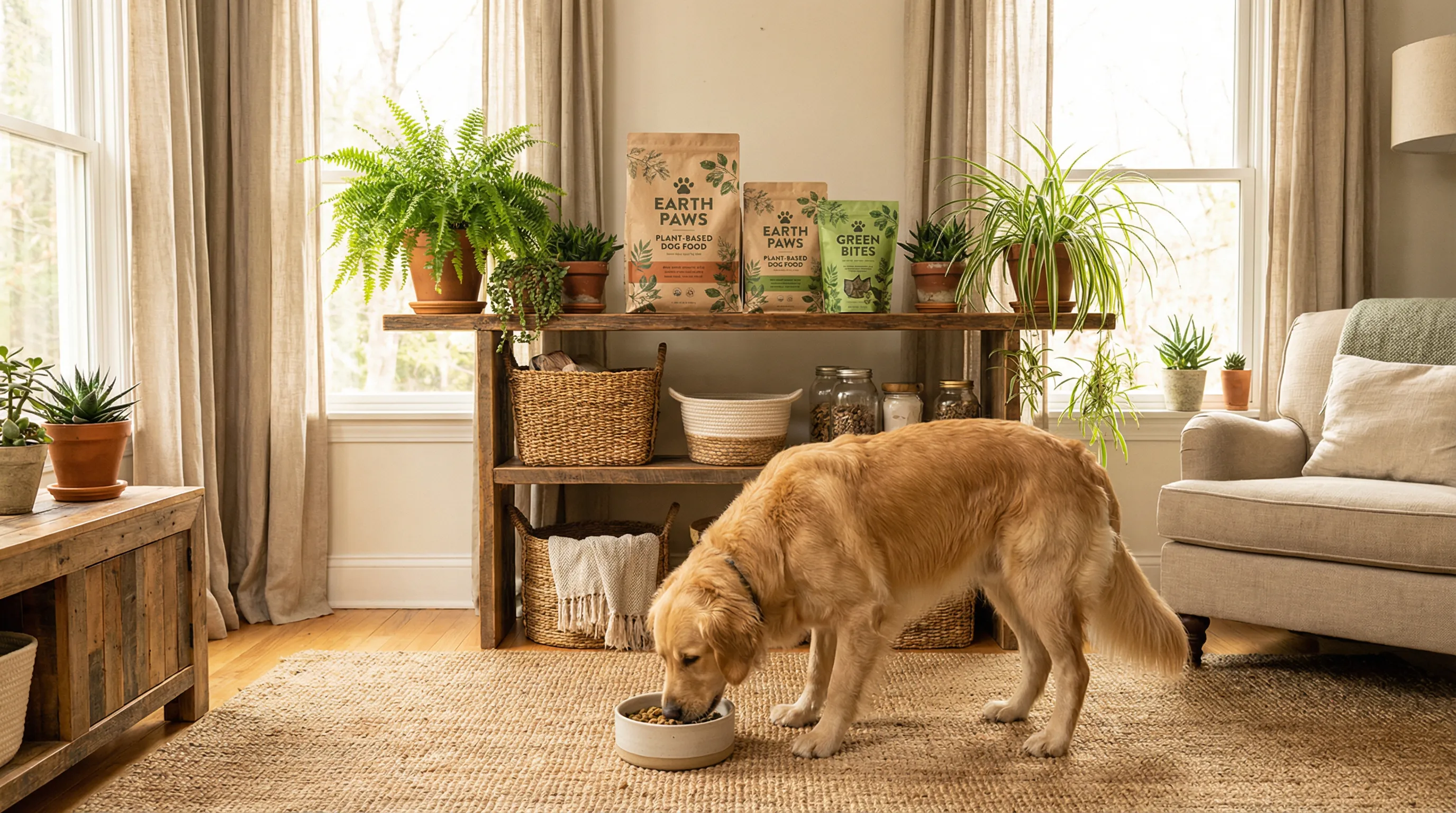 Pet food lifestyle scene with sustainable treat packaging