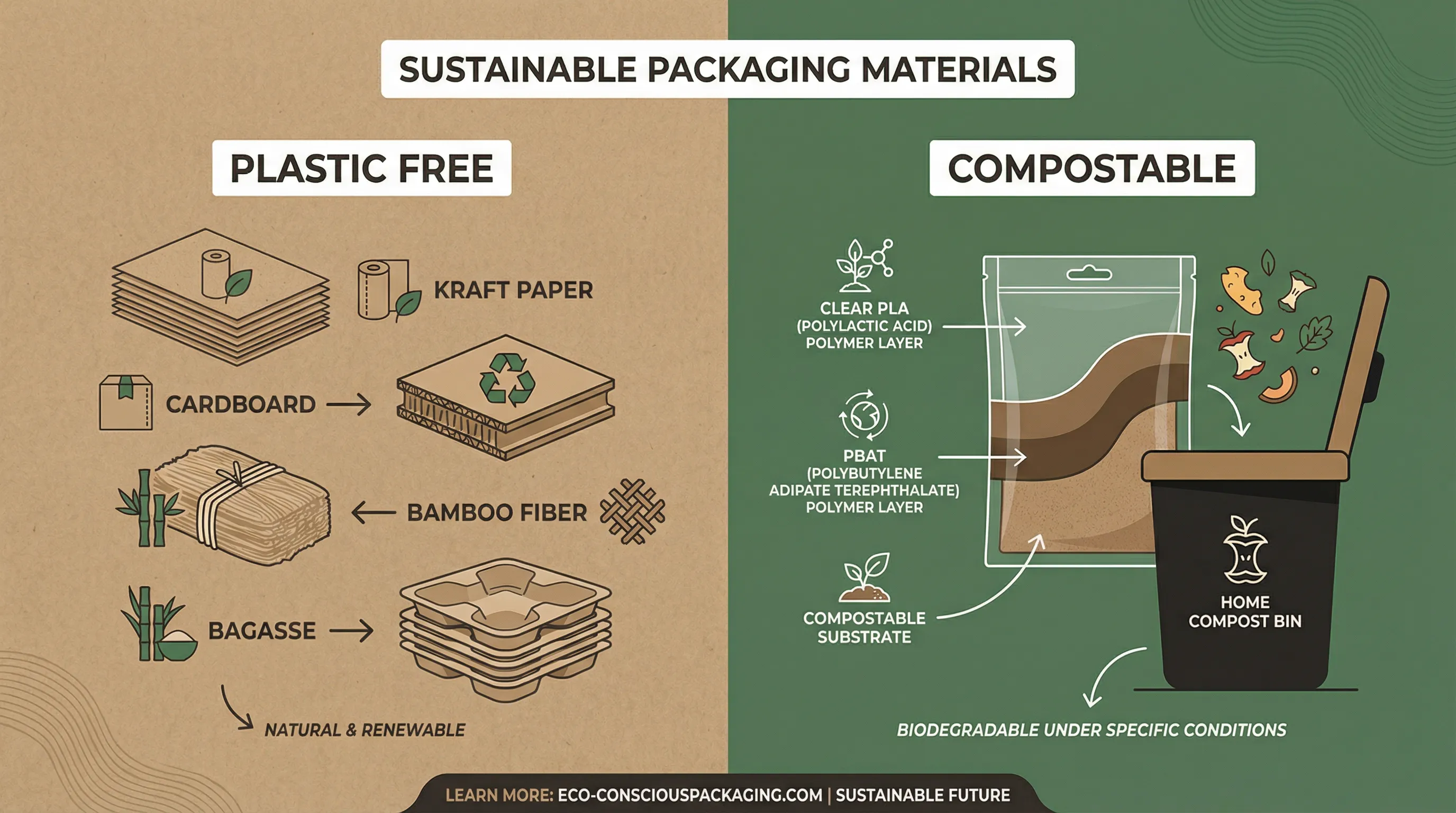 Split view comparing strictly plastic free paper to certified compostable barrier films