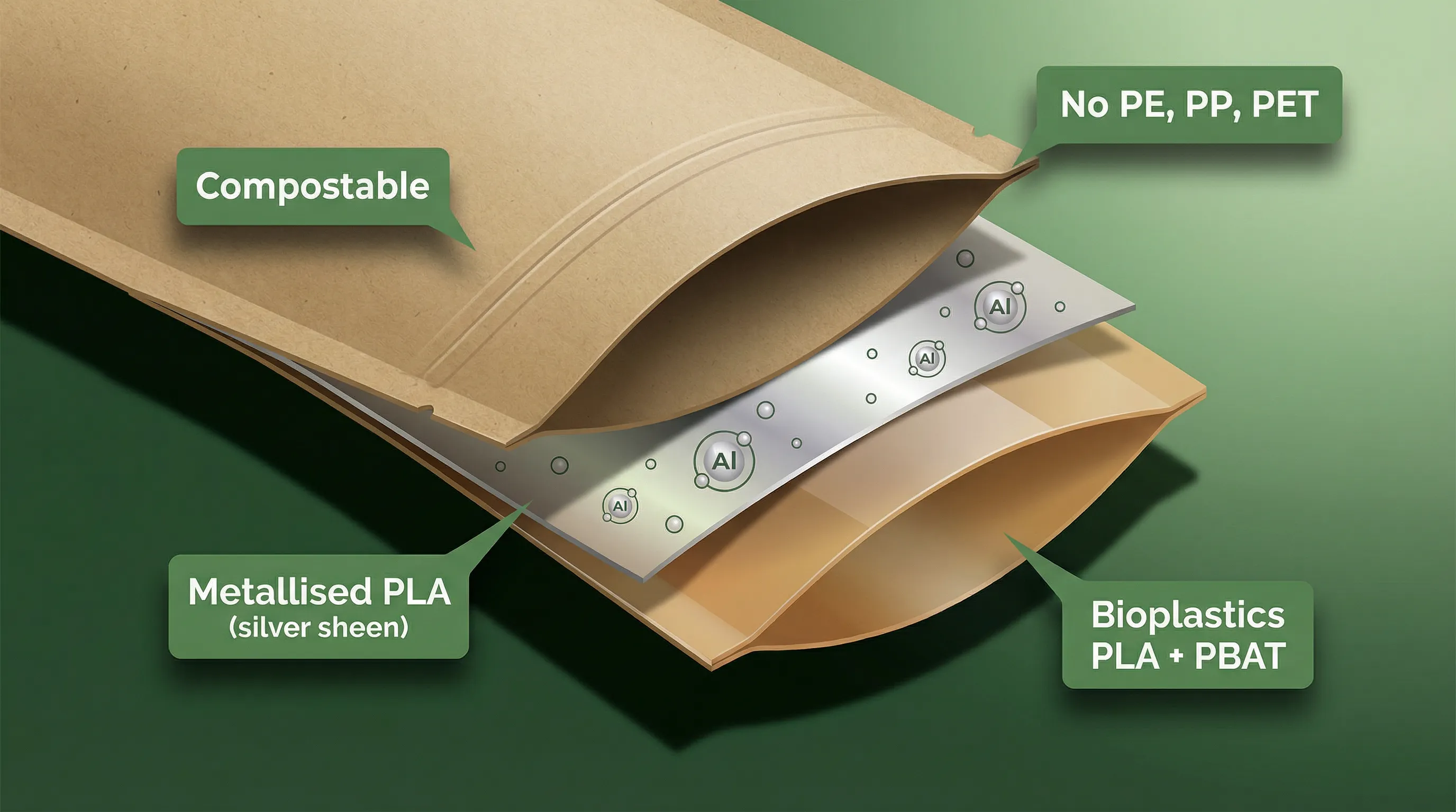 Three-layer compostable bag cutaway diagram