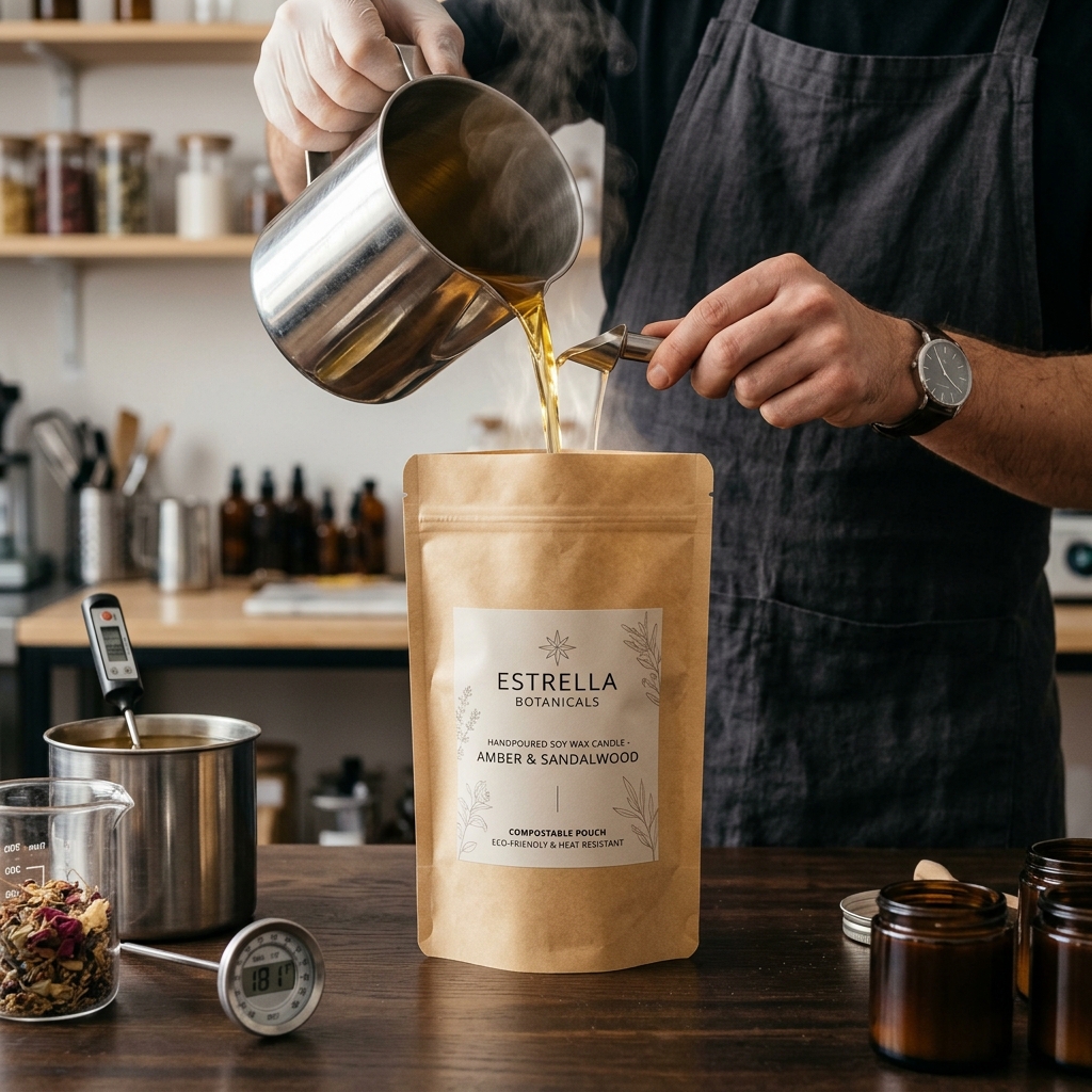 Premium compostable candle pouch being filled with hot wax