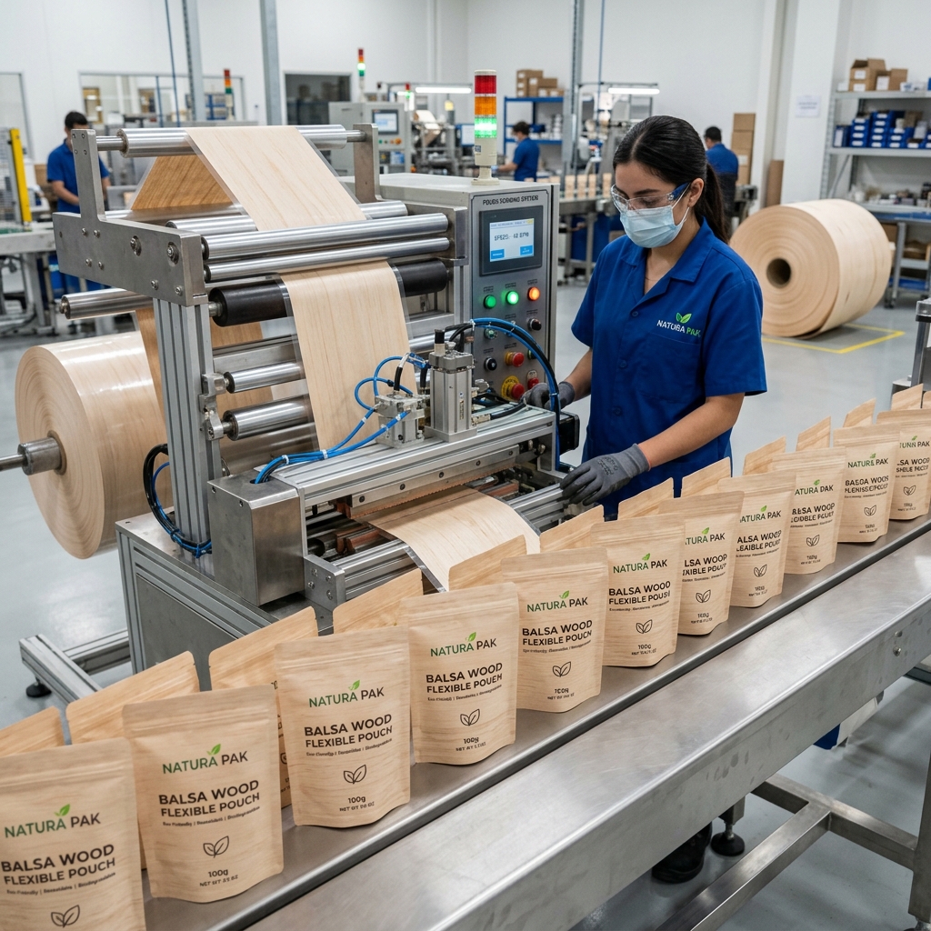 Manufacturing balsa wood flexible packaging pouches