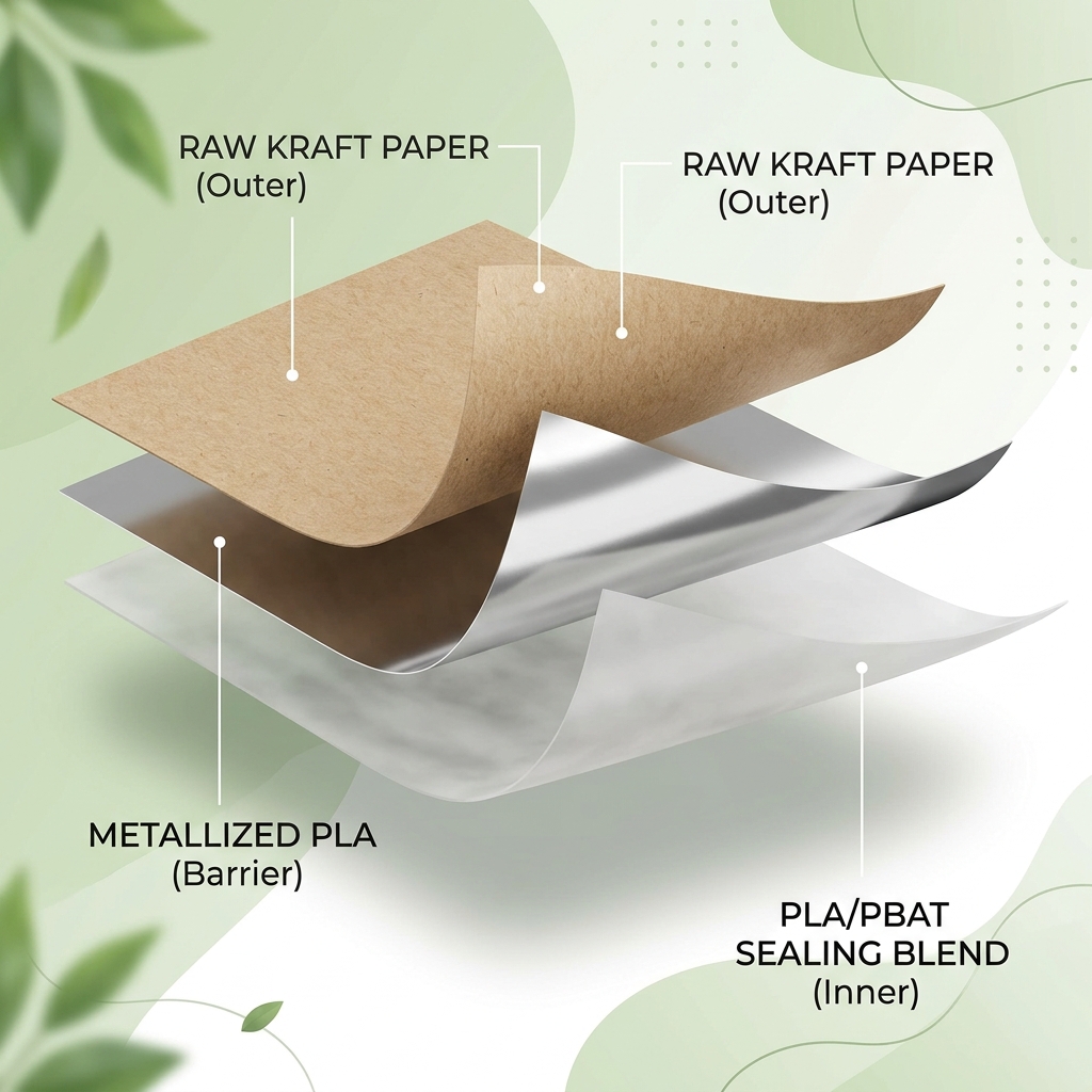 Technical diagram of compostable bar packaging layers