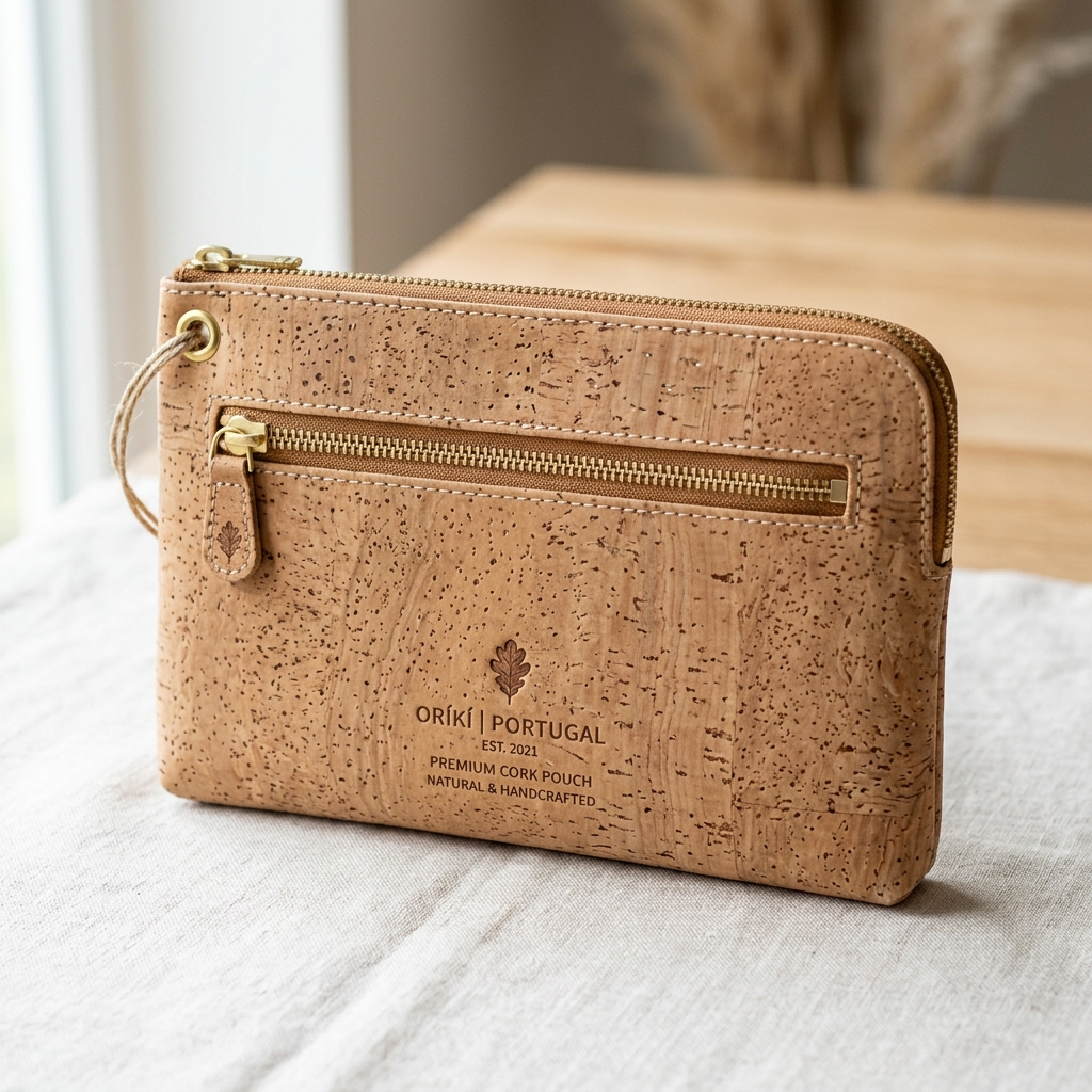 Premium cork pouch packaging showing natural grain