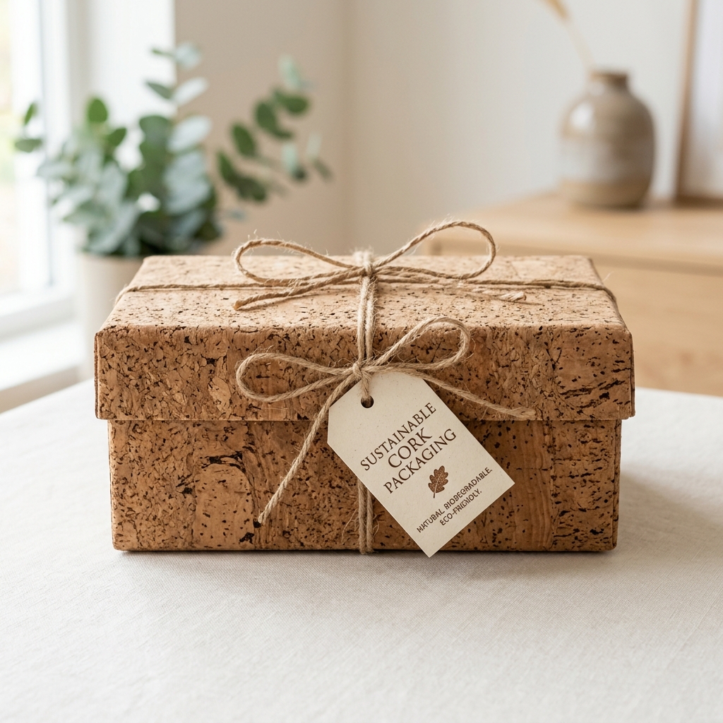Sustainable cork packaging material highlighting natural texture