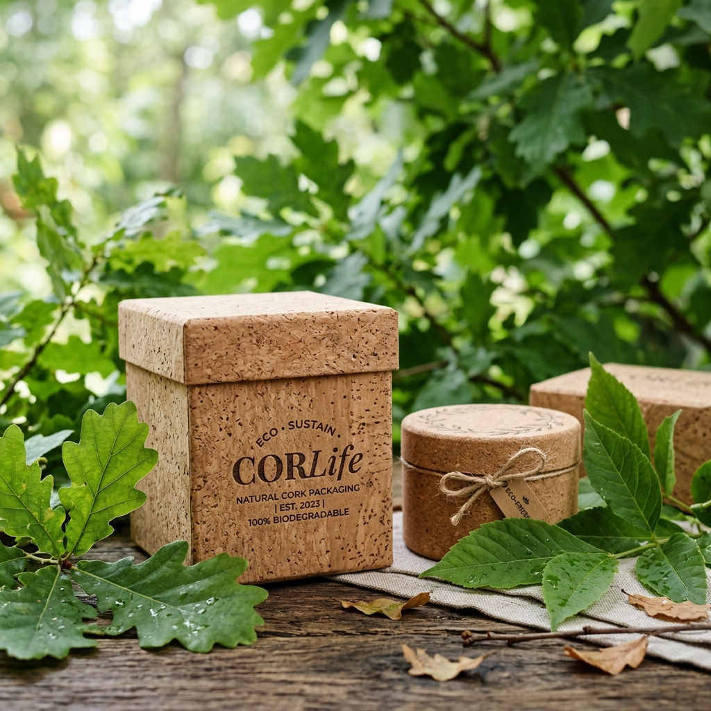 Eco-friendly cork packaging next to green leaves