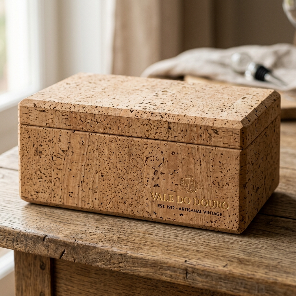 Close up of a luxurious cork packaging box showing natural texture