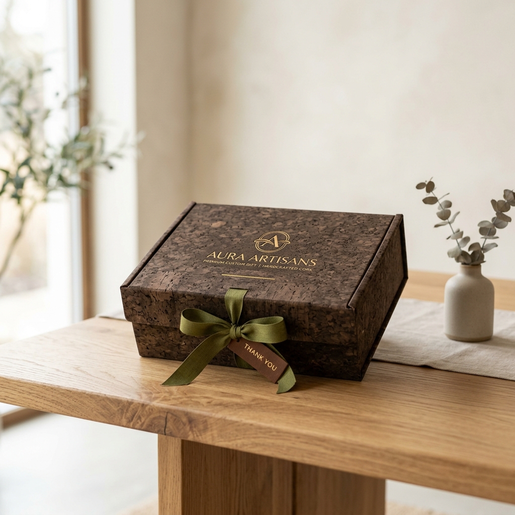 Premium custom cork gift box sitting on a minimalist table