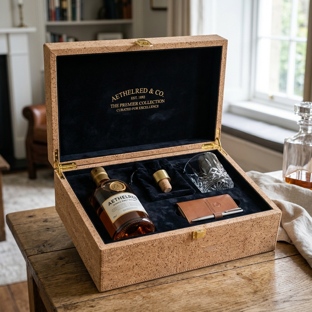 Open premium cork gift box revealing an elegant interior