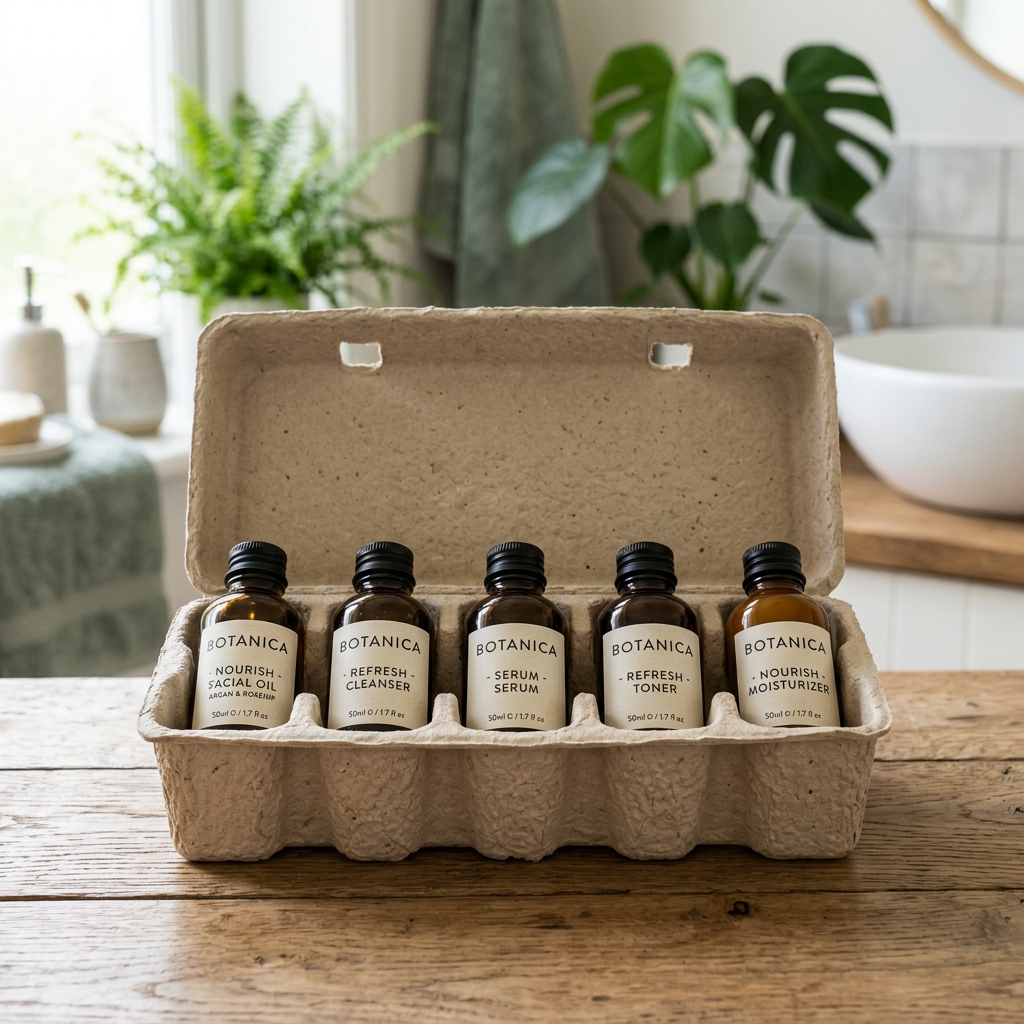 Eco-degradable pulp box holding cosmetic bottles
