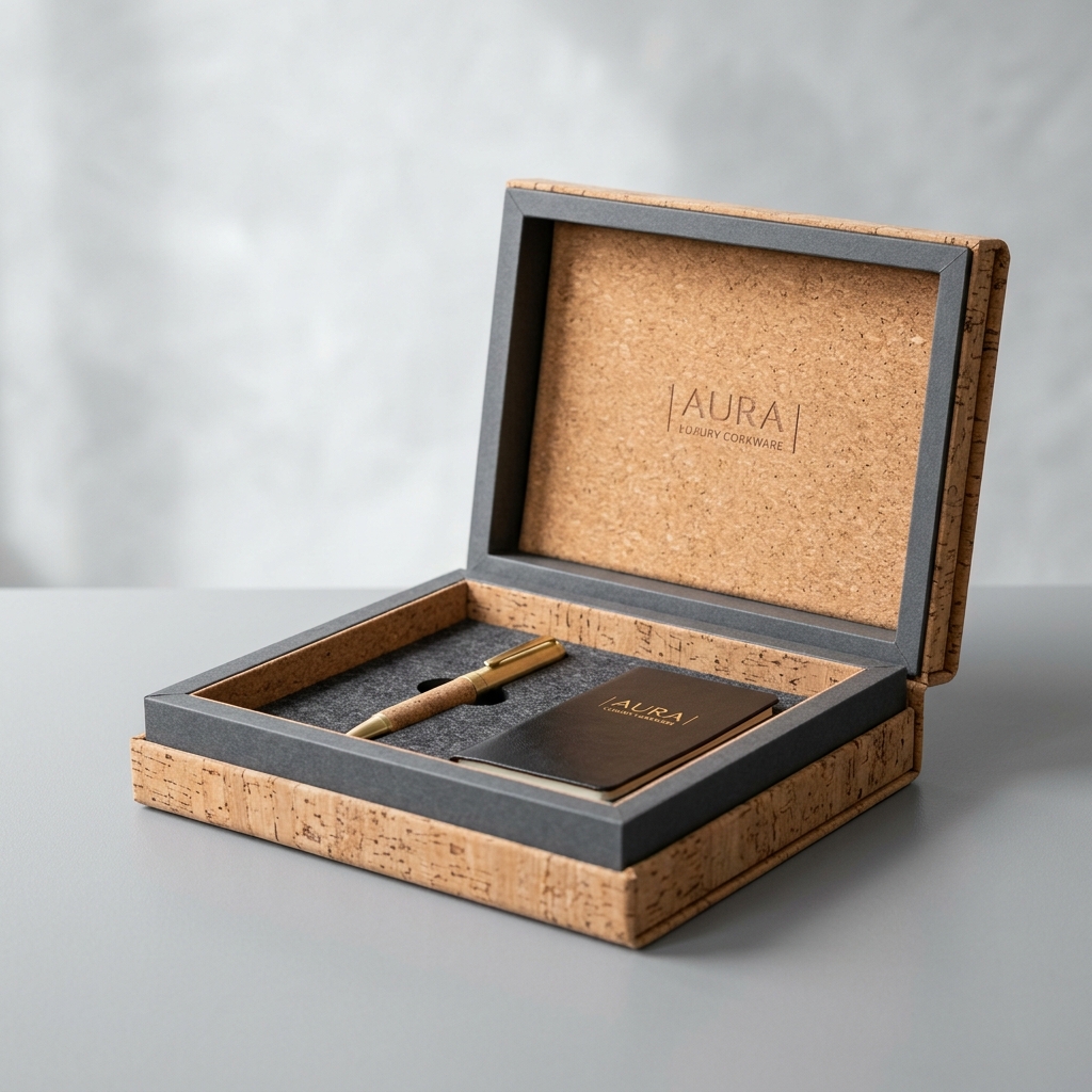 A photorealistic, high-end product photography shot of an open luxury cork gift box