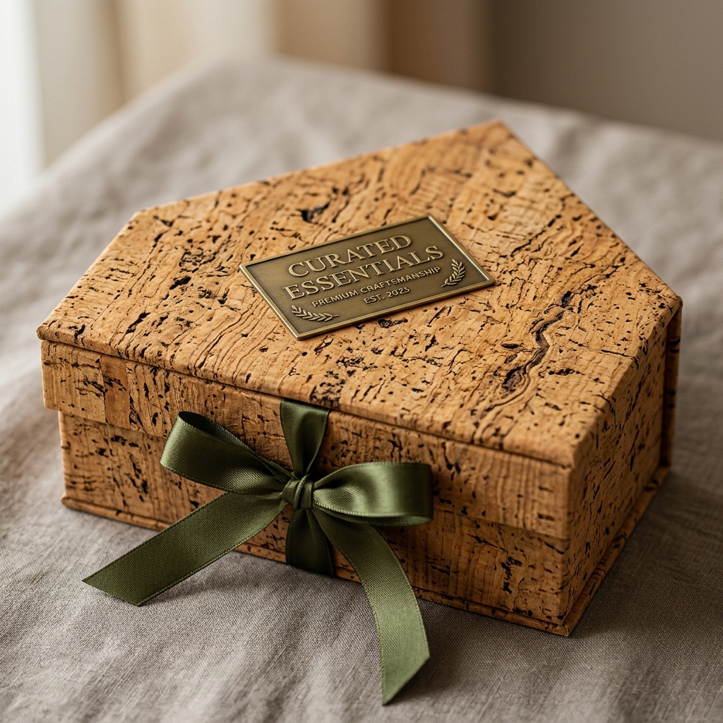 A photorealistic, highly engaging macro shot of a premium luxury cork gift box