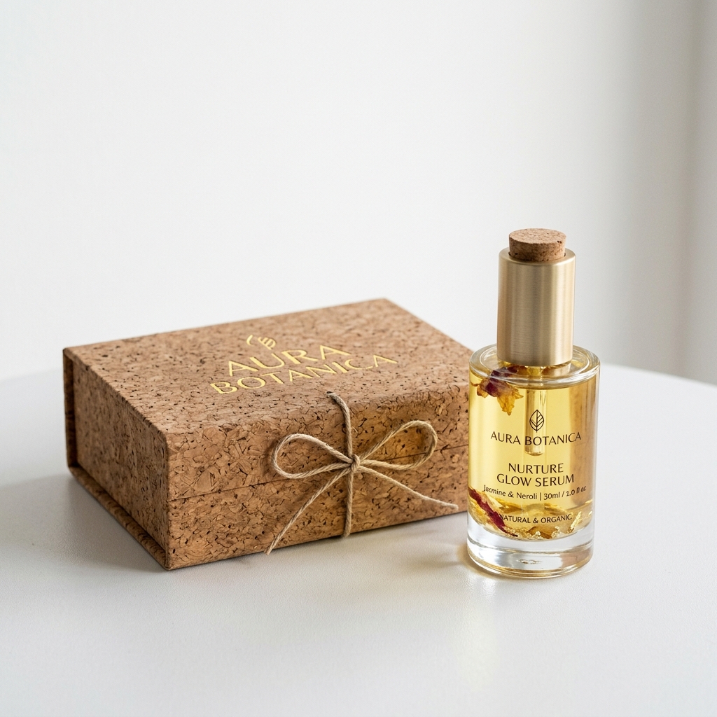 A photorealistic, visually striking image of a closed premium cork packaging box next to a high-end cosmetic bottle