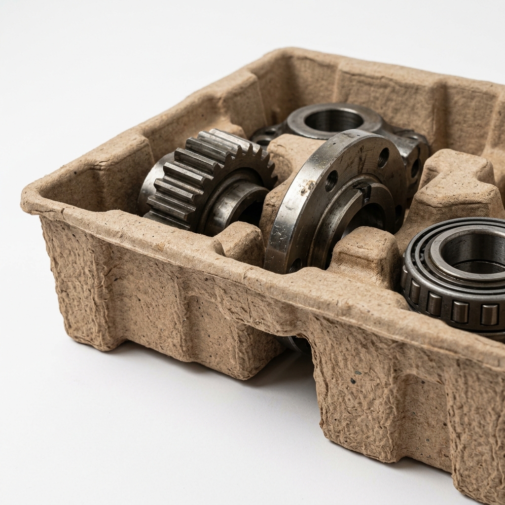 Luxury cosmetics bottle seated in a custom molded pulp tray