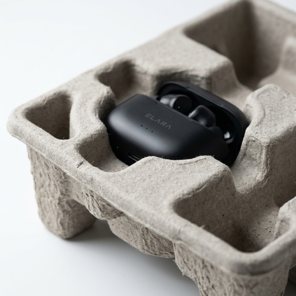 Close-up photorealistic shot showing the soft, velvety texture of a custom molded pulp packaging tray cradling an electronic device