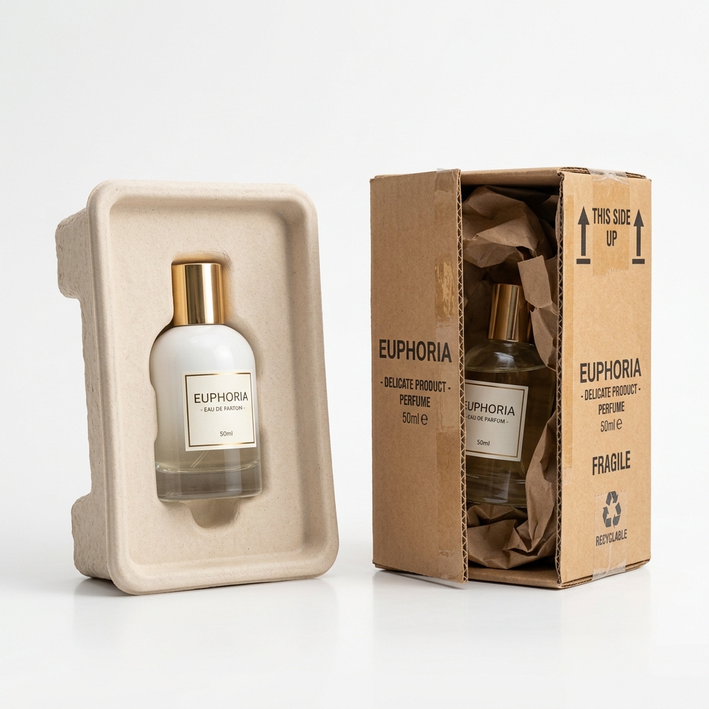 Photorealistic comparison showing a sleek molded pulp insert holding a delicate product side-by-side with a traditional corrugated cardboard box
