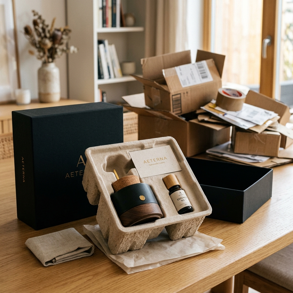 A high-end unboxing experience featuring sustainable molded pulp packaging inside a sleek outer box, contrasting with a pile of generic brown corrugated cardboard