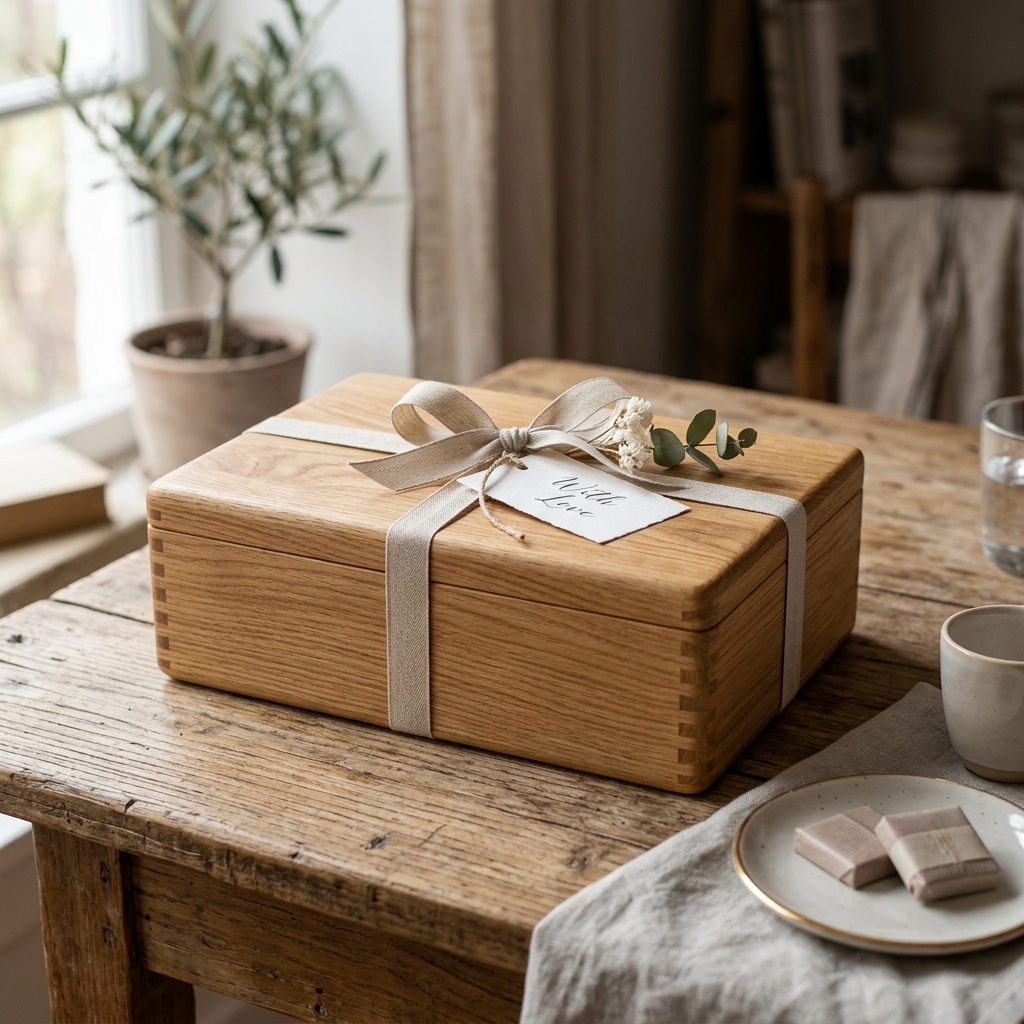 Premium soft wood gift box with delicate natural wood grain finish on a wooden table