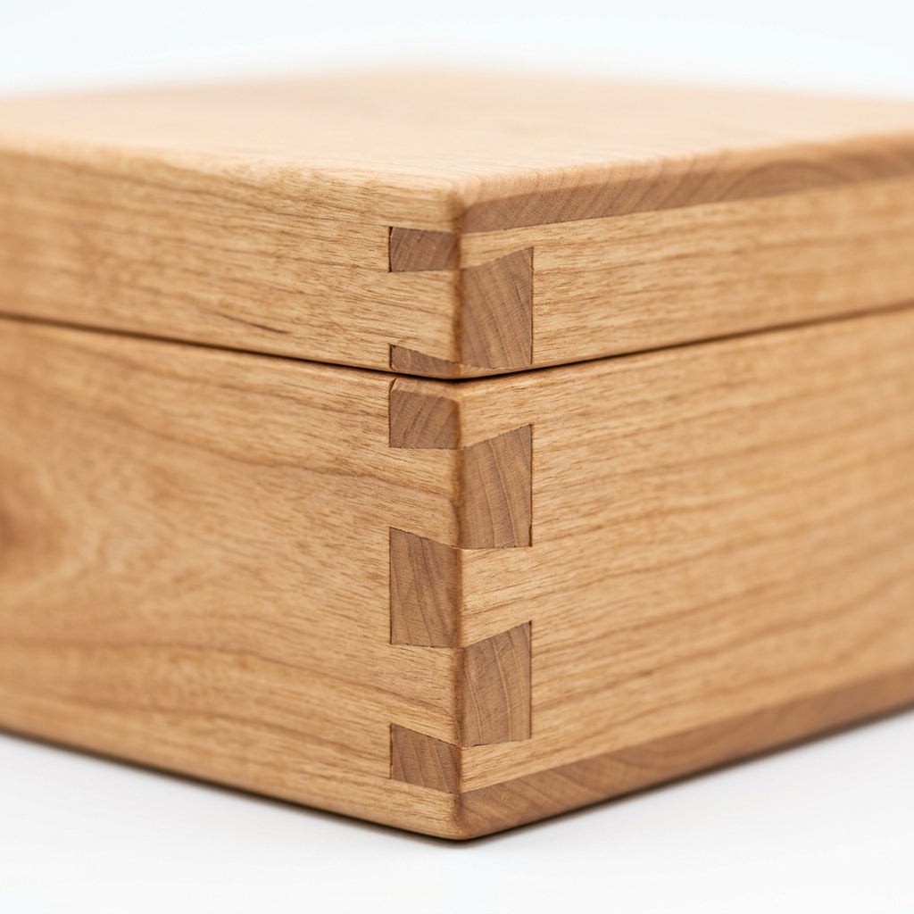 Close-up of premium soft wood gift box joinery and texture