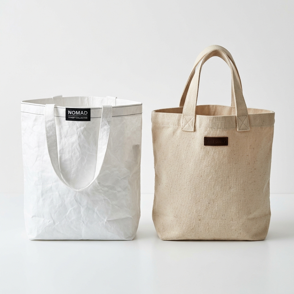 Comparison of Tyvek and Canvas tote bags side by side
