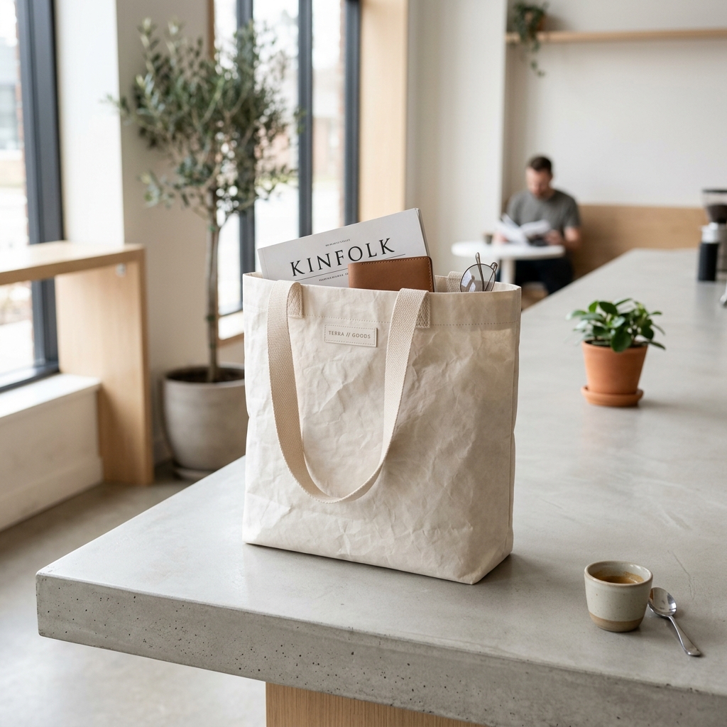 Stylish minimalist Tyvek tote bag in urban environment