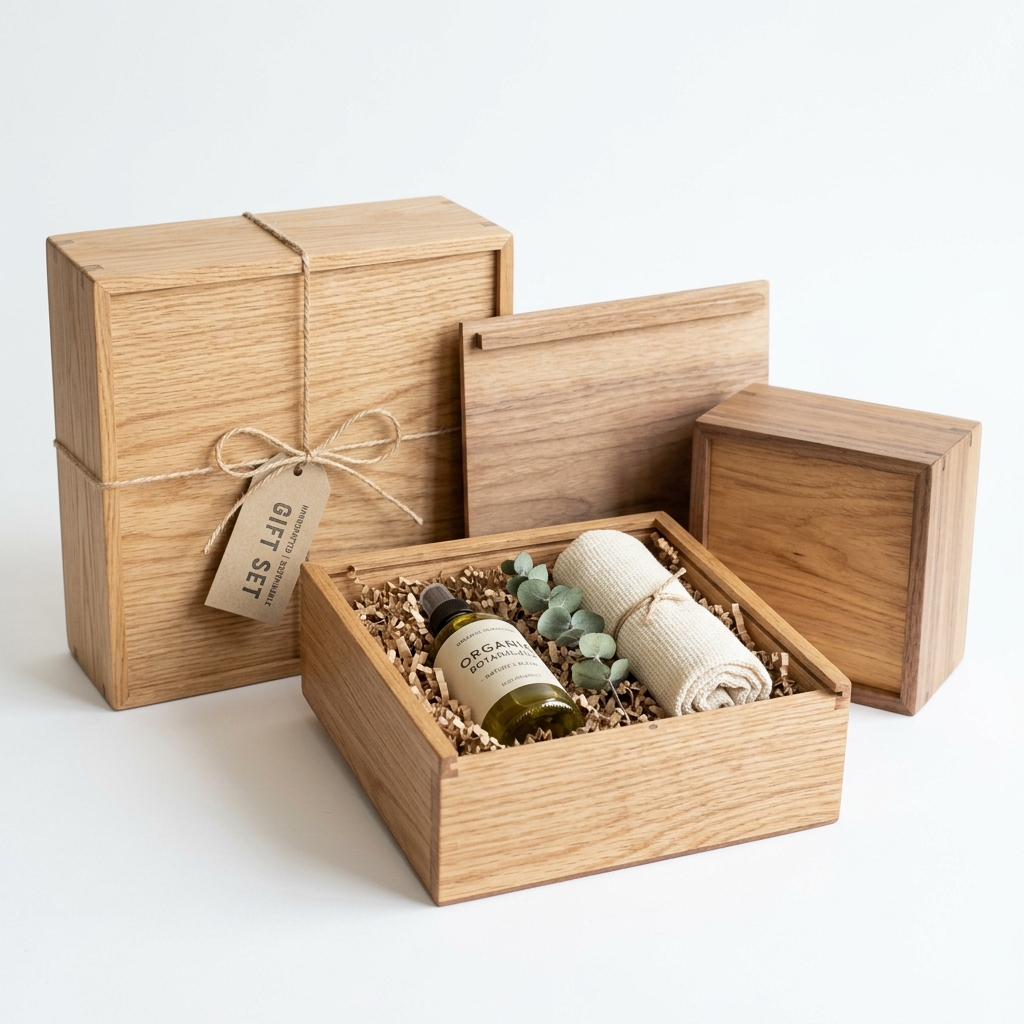 Elegant wooden gift boxes showcasing eco-friendly packaging