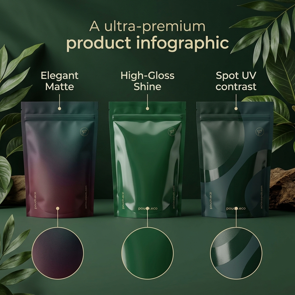 Amazon-quality flexible stand-up packaging surface finishes infographic comparing Matte, Gloss, and Spot UV contrast in a dark green theme.