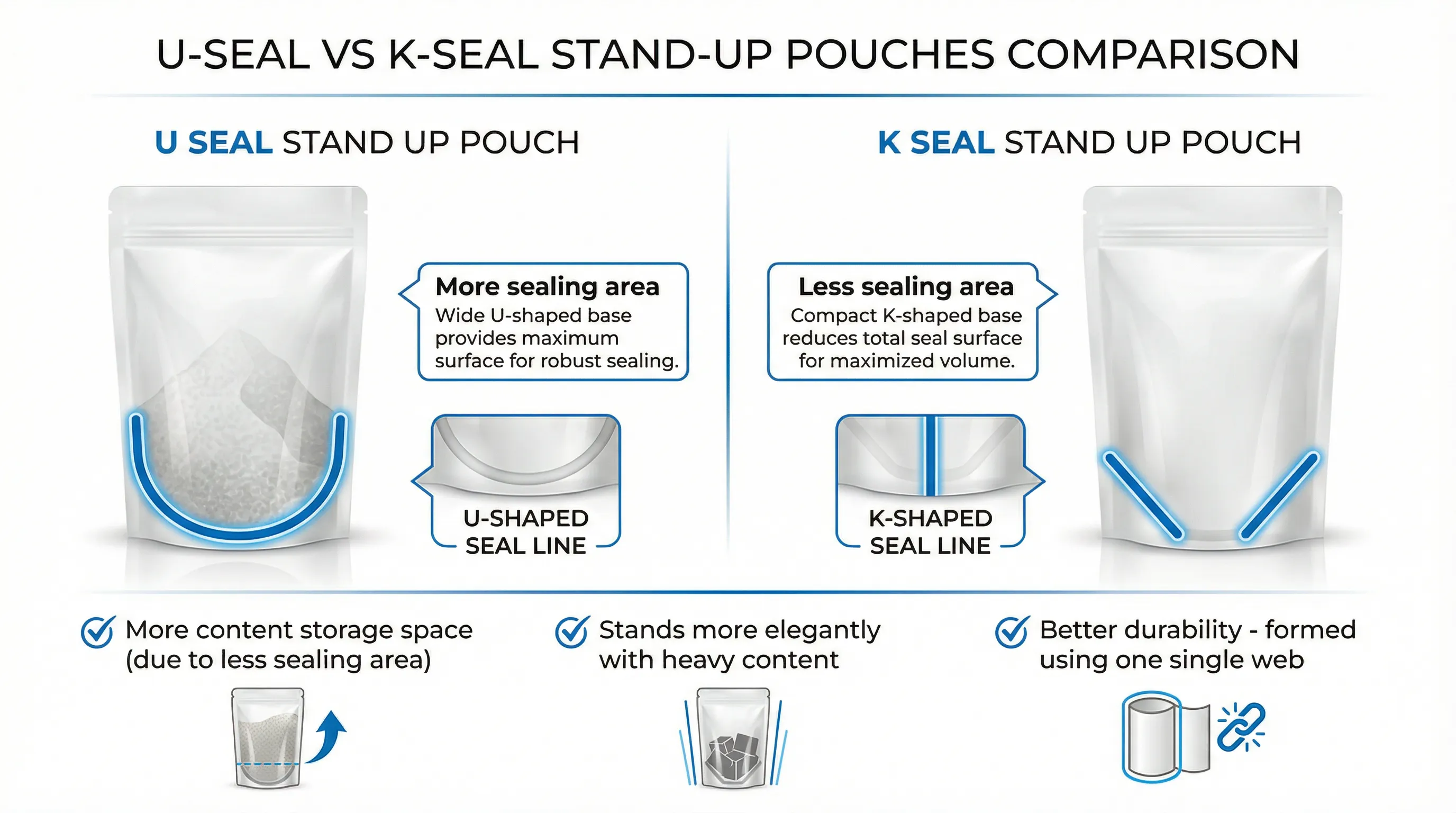 Comparison of K-seal vs U-seal bottom construction in stand up pouches