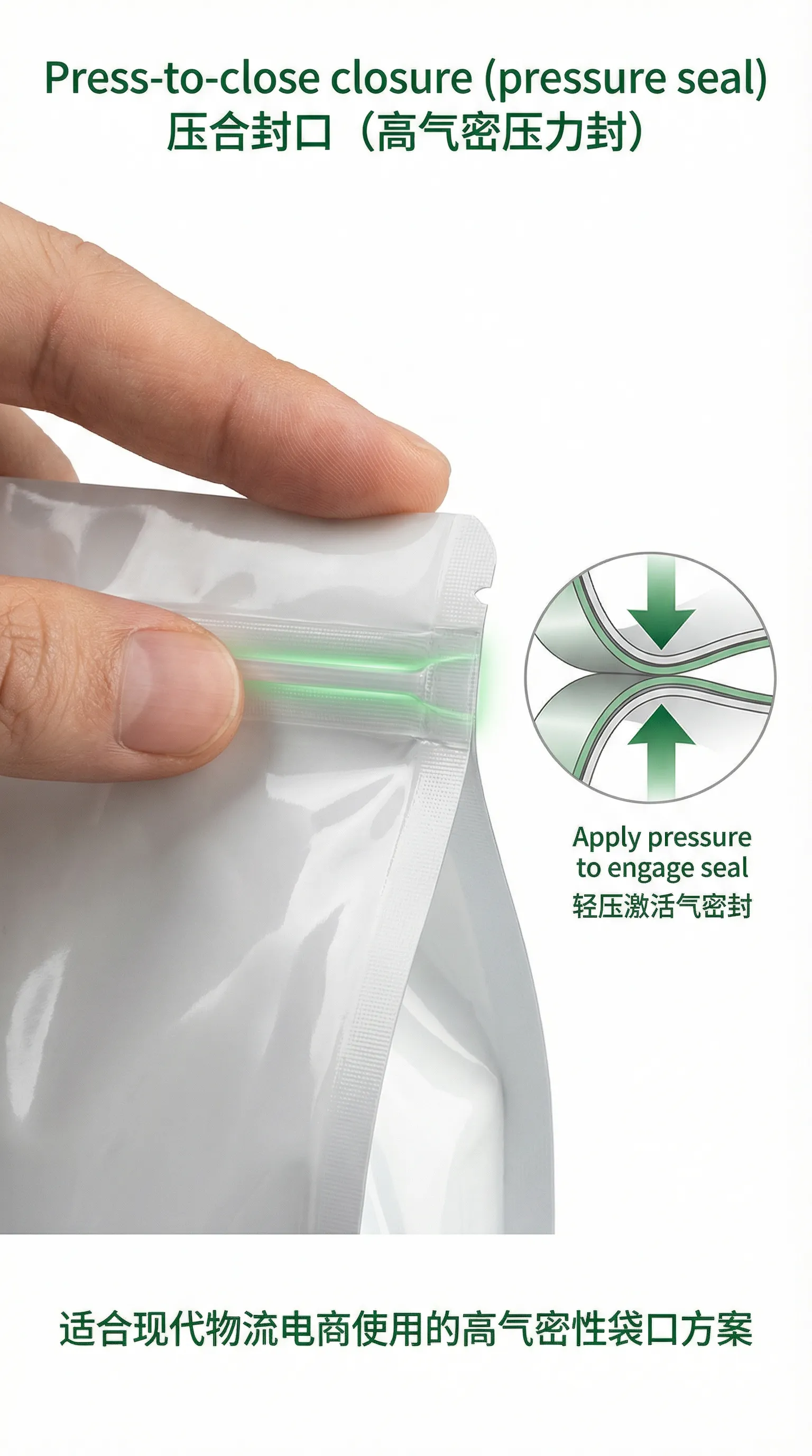 Press-to-close zipper detail on a stand-up pouch