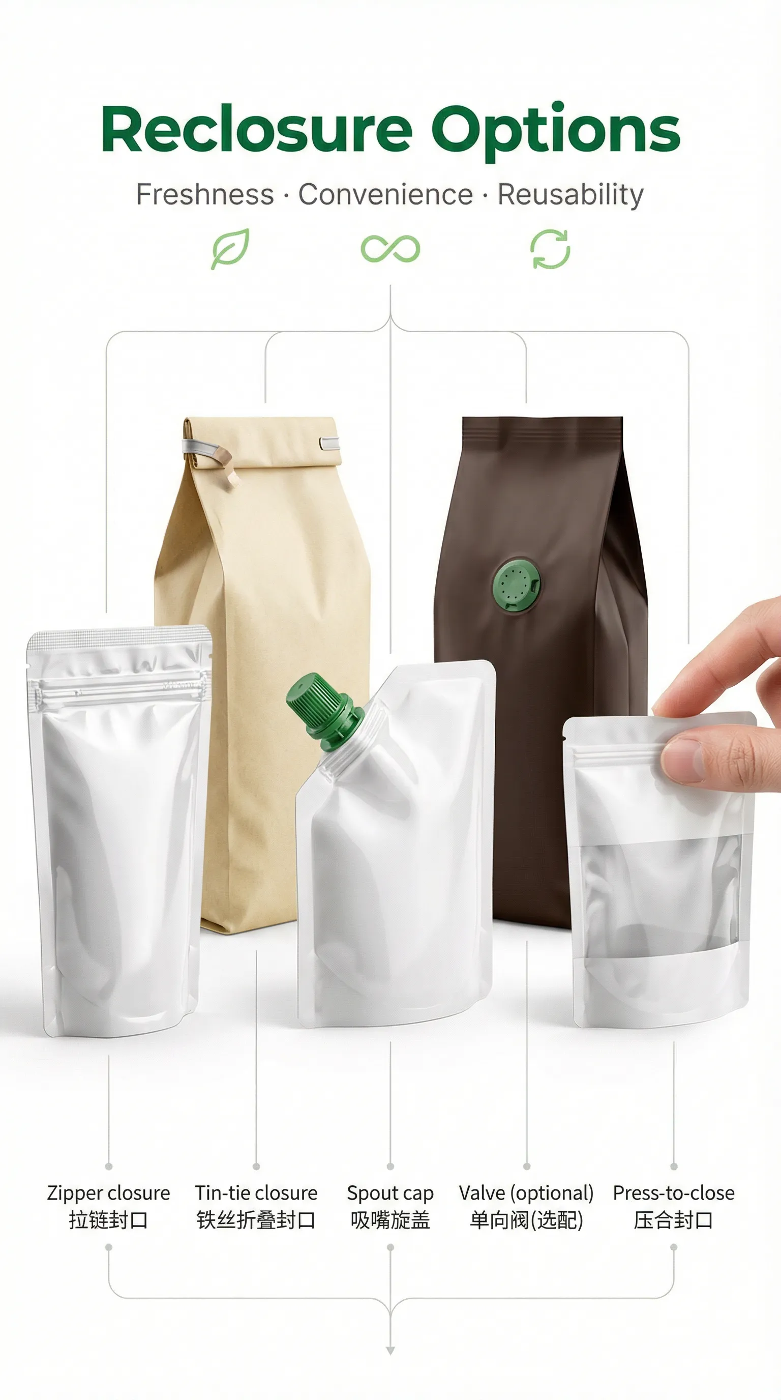 Various reclosure options for coffee packaging
