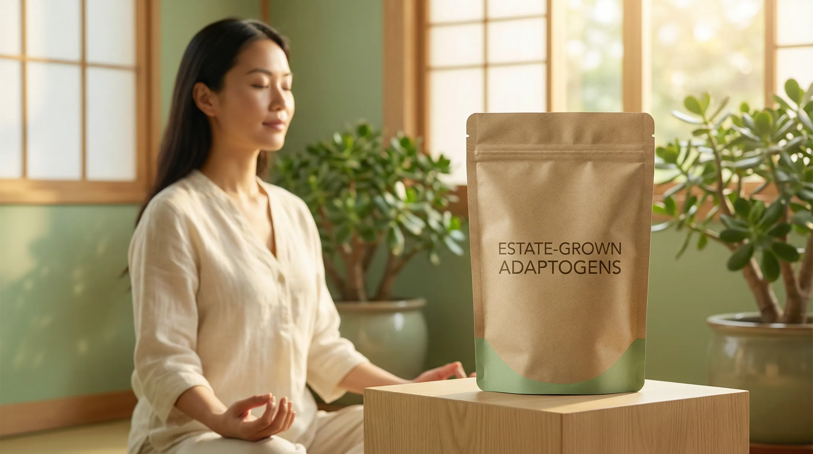 Adaptogens supplement pouch in calm zen kitchen pantry