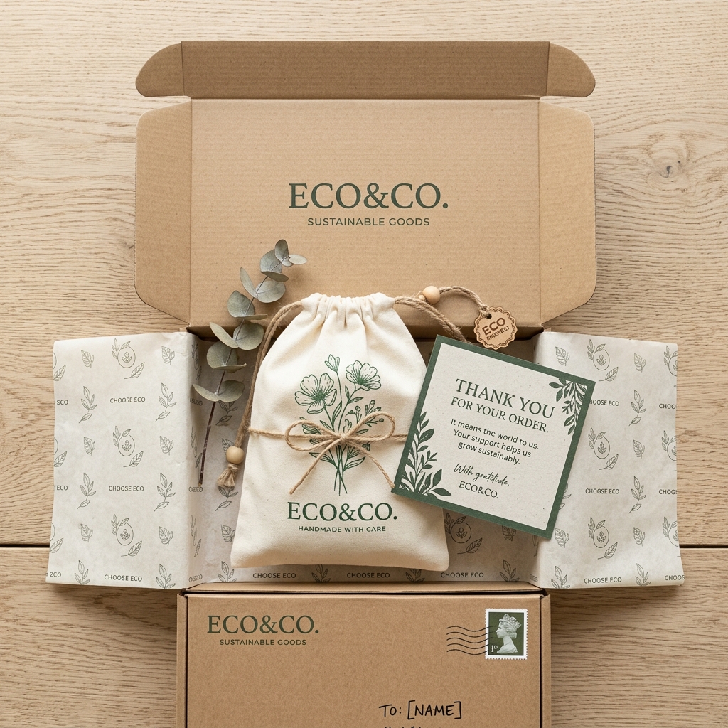 Perfect ecommerce unboxing experience with kraft mailer box, branded pouch, and tissue paper