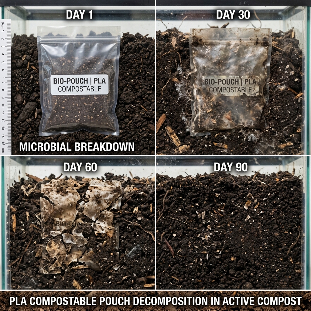 How does 100% PLA Compostable Film & Pouches Biodegrade?