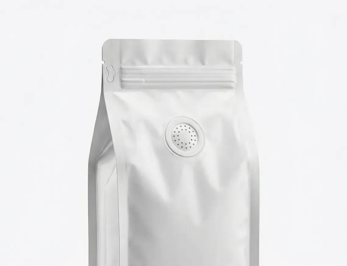 One-way degassing valve close-up on a coffee pouch