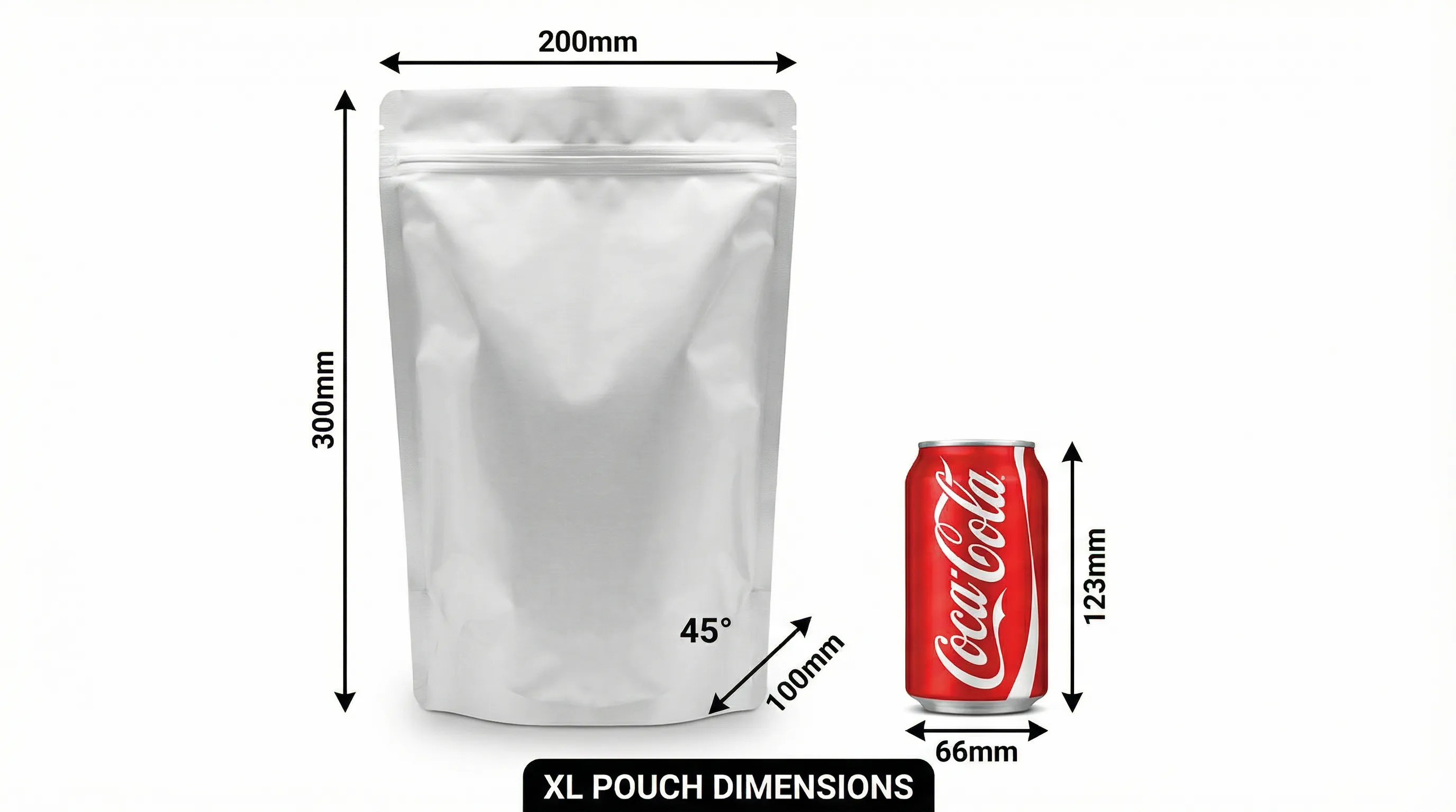 Stand-up pouch size XL compared to cola can