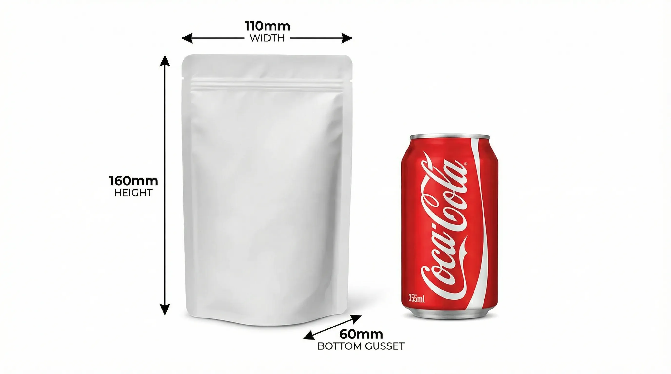 Stand-up pouch size XXS compared to cola can